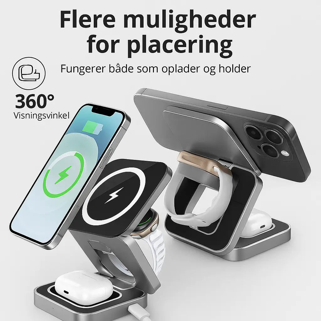 3-i-1 trådløs oplader og holder med MagSafe – oplader iPhone, Apple Watch og AirPods, kan justeres 360 grader