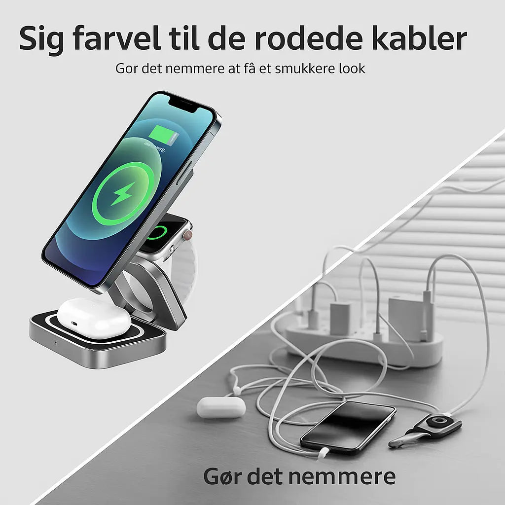 3-i-1 trådløs oplader til iPhone, Apple Watch og AirPods – sammenligning før og efter med færre kabler og mere orden
