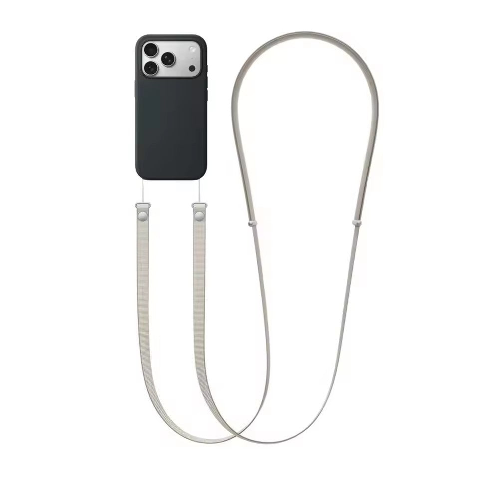 Sølvgrå justerbar crossbody mobilrem monteret på sort telefoncover med quick-release knapper