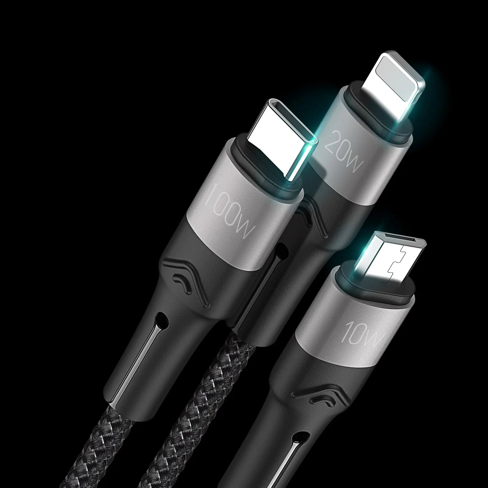 Nærbillede af stik på Duzzona 3-i-1 kabel med strømstyrke (10W/20W/100W)