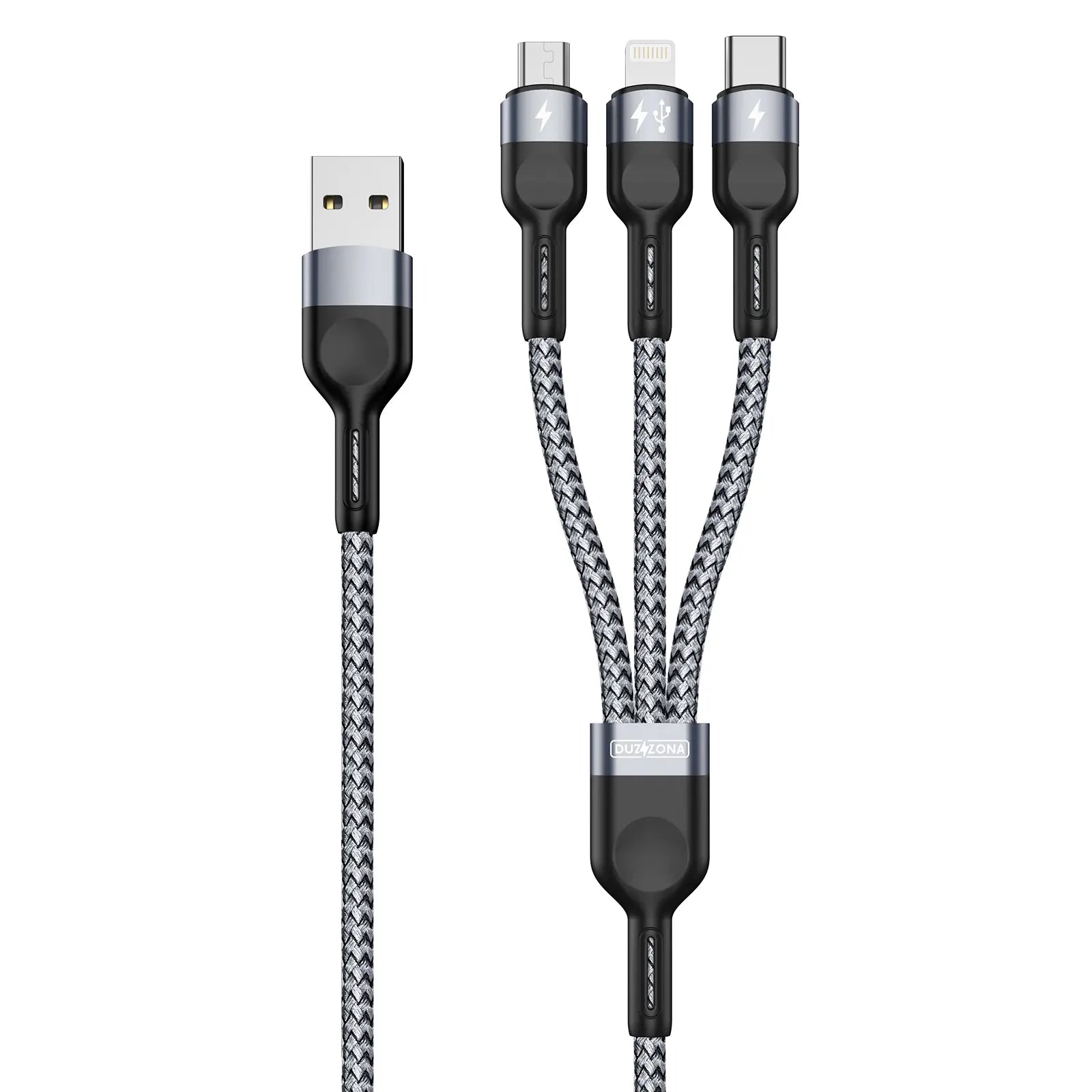 Duzzona 3-i-1 kabel med USB-A input og tre udgange: USB-C, Lightning og Micro