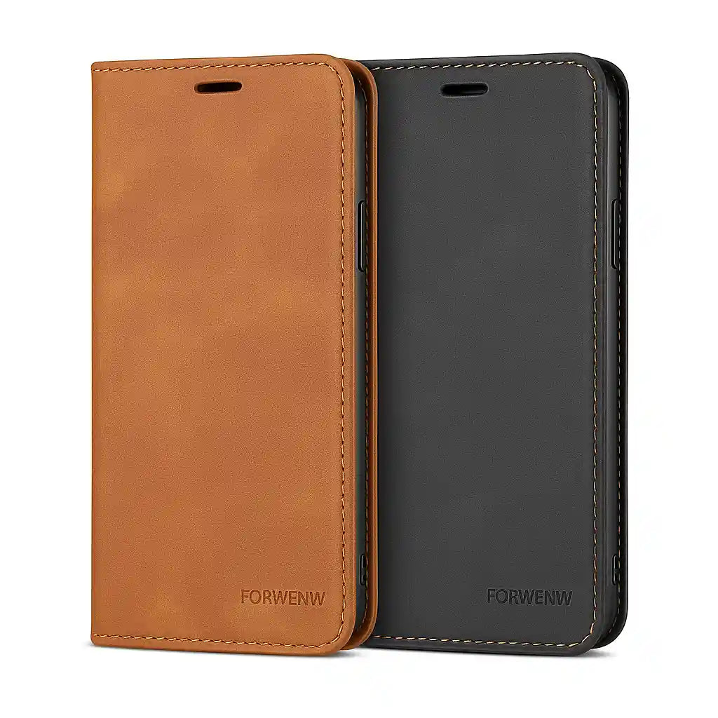 To magnetiske flip covers til iPhone i læderlook – ét i brun og ét i sort, med lukket front.