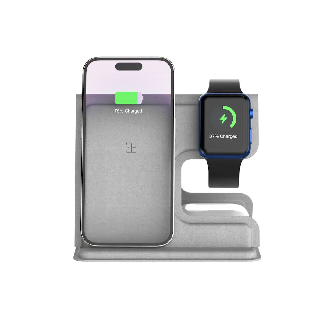 Frontbillede af trådløs opladerstander med Apple-enheder