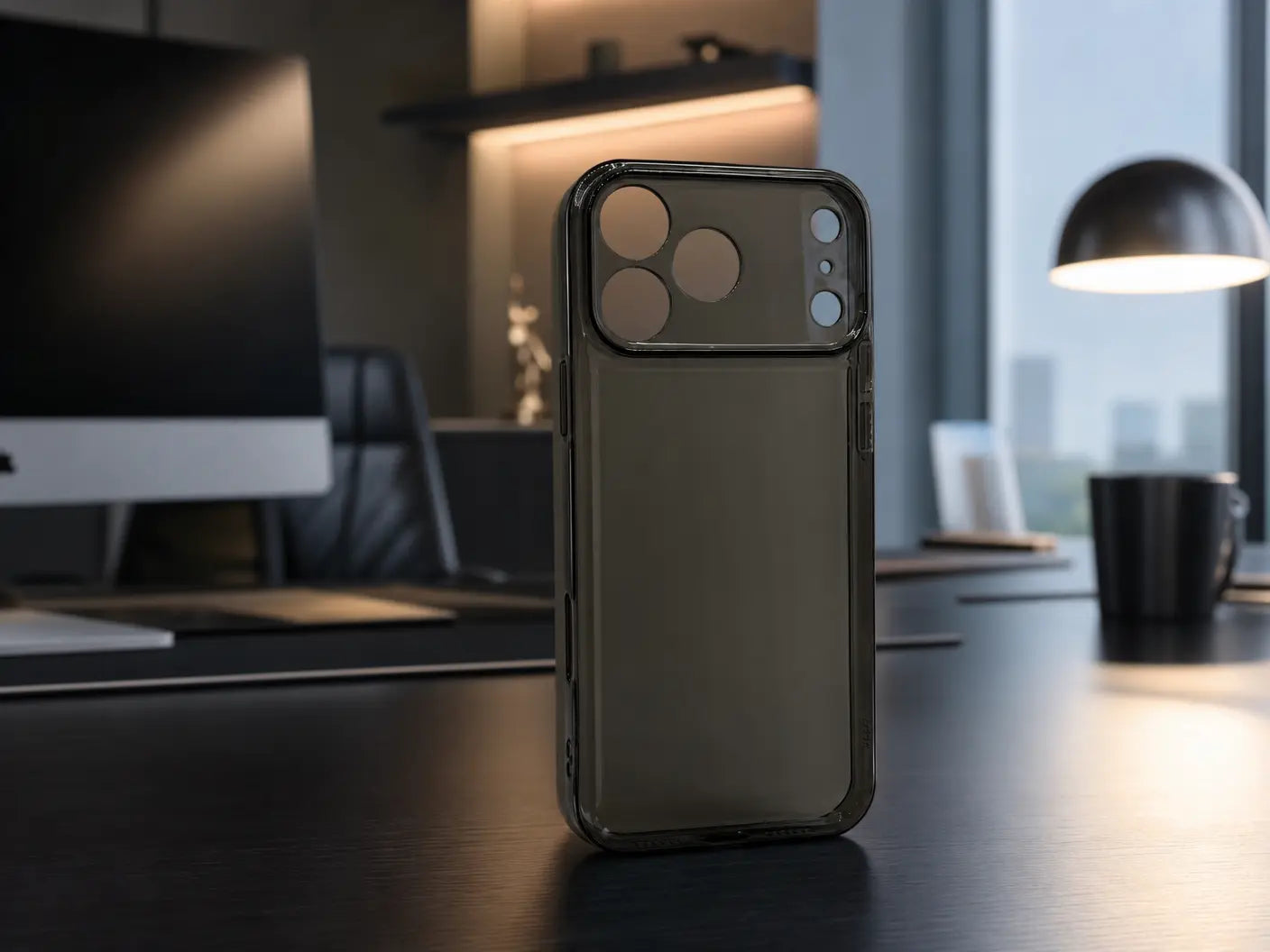 Røget sort transparent iPhone-cover stående på mørkt skrivebord i stilfuldt kontor med dæmpet belysning