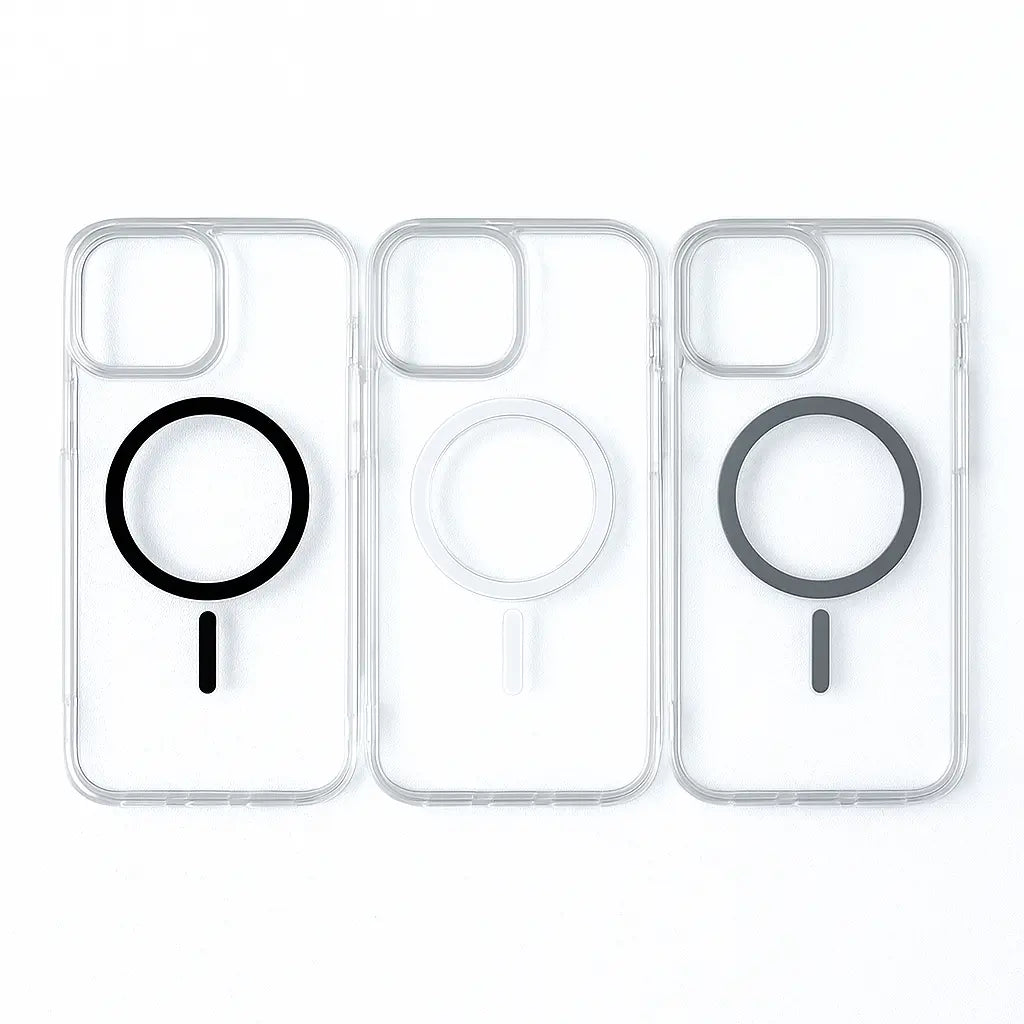 Tre transparente MagSafe covers til iPhone – farvevarianter med sort, hvid og grå MagSafe ring, perfekt pasform og minimalistisk design.
