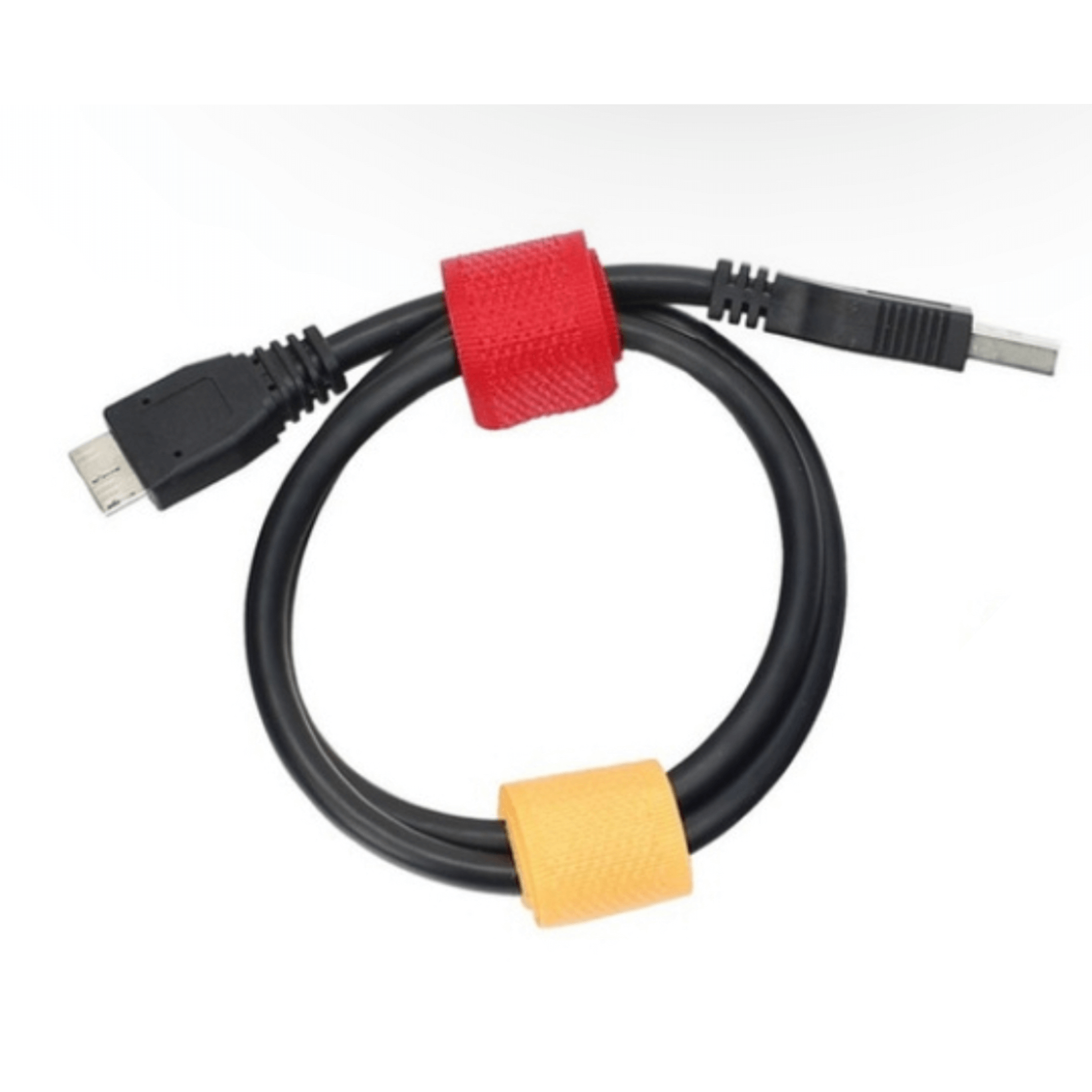 Velcro kabelbindere i rød, gul, blå, grøn og sort – farvekoordineret kabelstyring