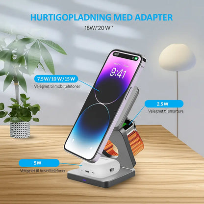 3-i-1 trådløs opladerstander med hurtig opladning til iPhone, ur og AirPods