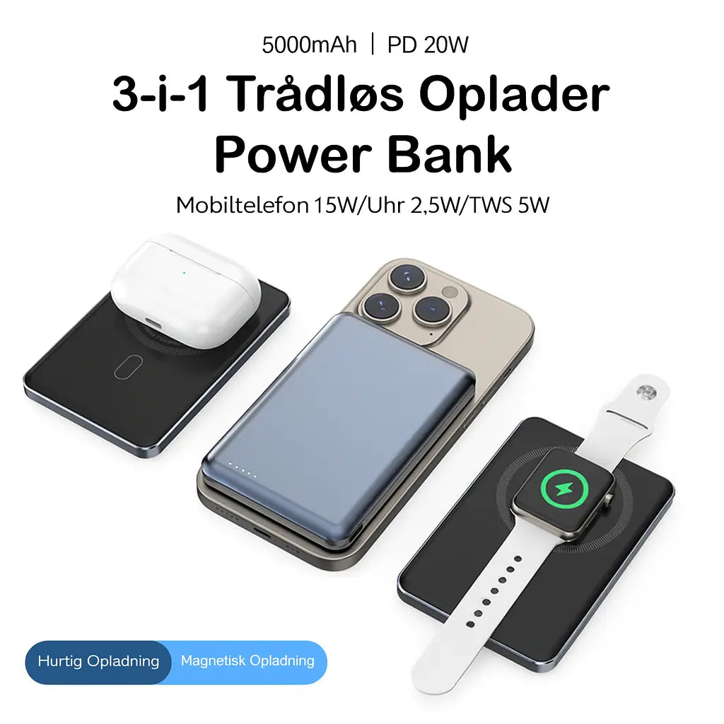 Oplad iPhone, Apple Watch og AirPods samtidig med 3-i-1 powerbank