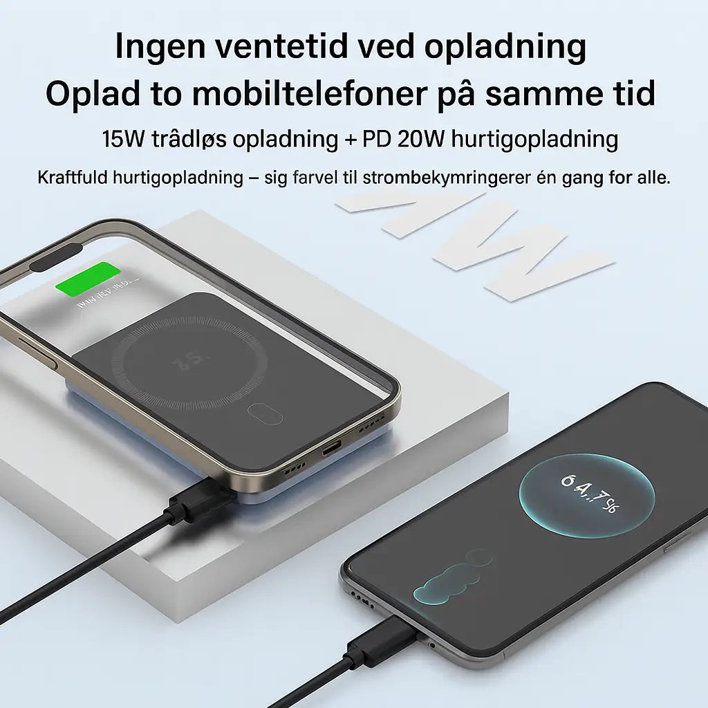 Oplad to enheder samtidig med 15W trådløs og PD 20W hurtigopladning