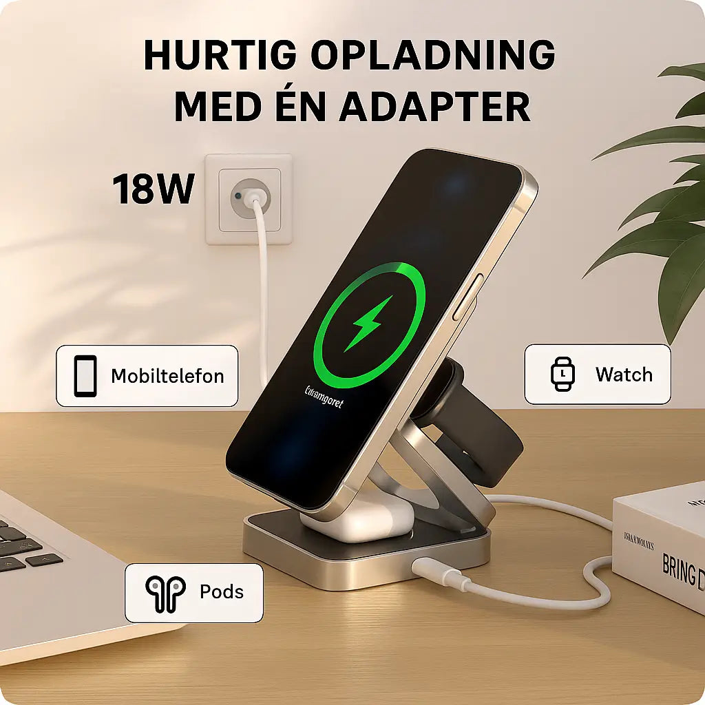 3-i-1 trådløs oplader med hurtig 18W opladning – oplad iPhone, Apple Watch og AirPods samtidig med kun én adapter