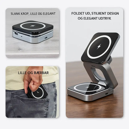 3-i-1 trådløs oplader – kompakt og elegant design, kan foldes ud og bæres i lommen; oplader iPhone, Apple Watch og AirPods