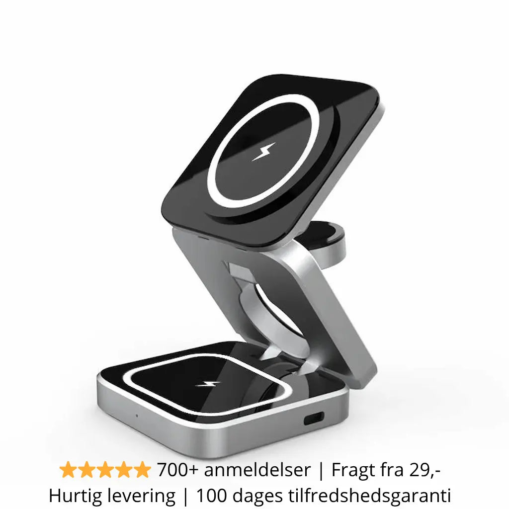 3-i-1 trådløs oplader med MagSafe – over 700 anmeldelser, hurtig levering, 100 dages tilfredshedsgaranti, til iPhone, Apple Watch og AirPods