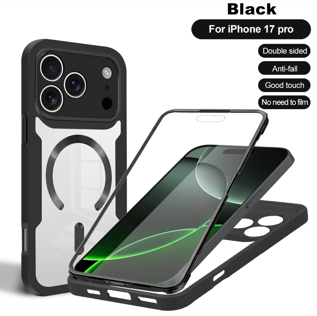 Sort 360° Full Body Cover til iPhone 17 Pro med indbygget skærmbeskyttelse og MagSafe