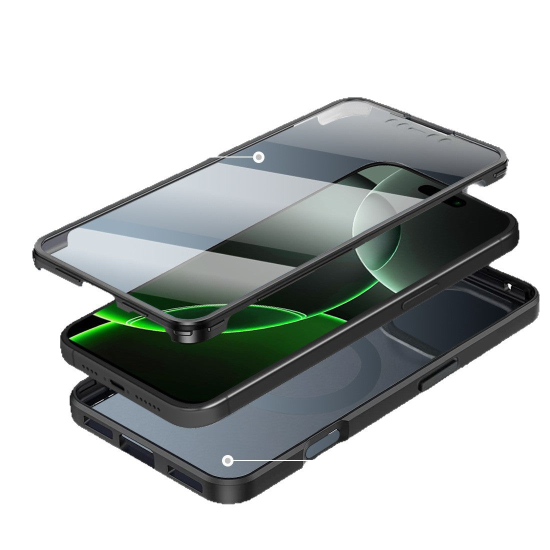 Visning af det 2-delte lag på 360° Full Body Cover med frontramme, iPhone og bagcover