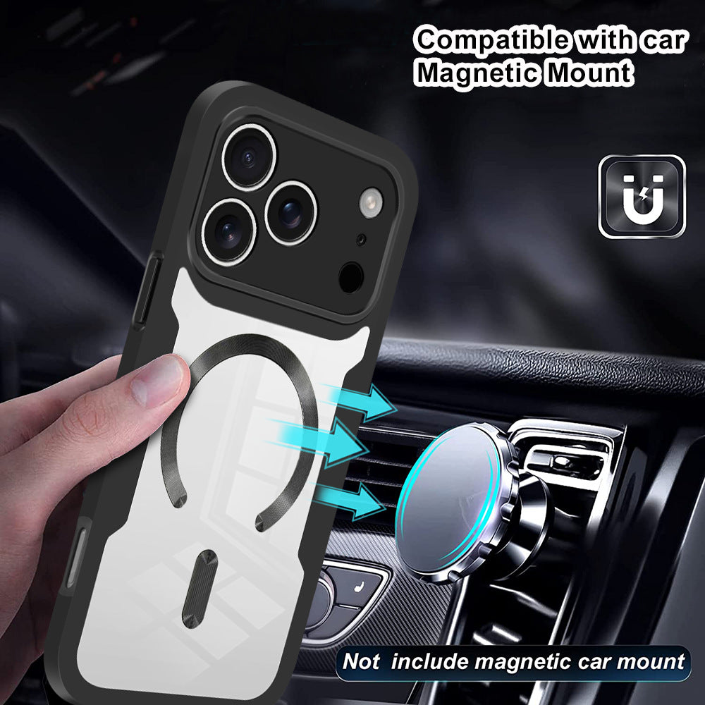 Hånd holder 360° Full Body Cover foran en magnetisk bilholder og viser MagSafe kompatibilitet