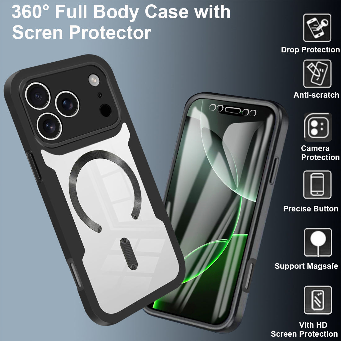 Oversigt over funktioner for 360° Full Body Cover: Drop Protection, Anti-scratch, Precise Button og MagSafe
