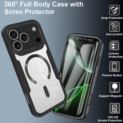 Oversigt over funktioner for 360° Full Body Cover: Drop Protection, Anti-scratch, Precise Button og MagSafe