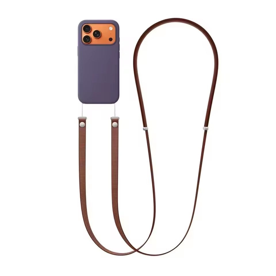 Brun justerbar crossbody mobilrem monteret på et lilla og orange telefoncover