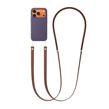 Brun justerbar crossbody mobilrem monteret på et lilla og orange telefoncover