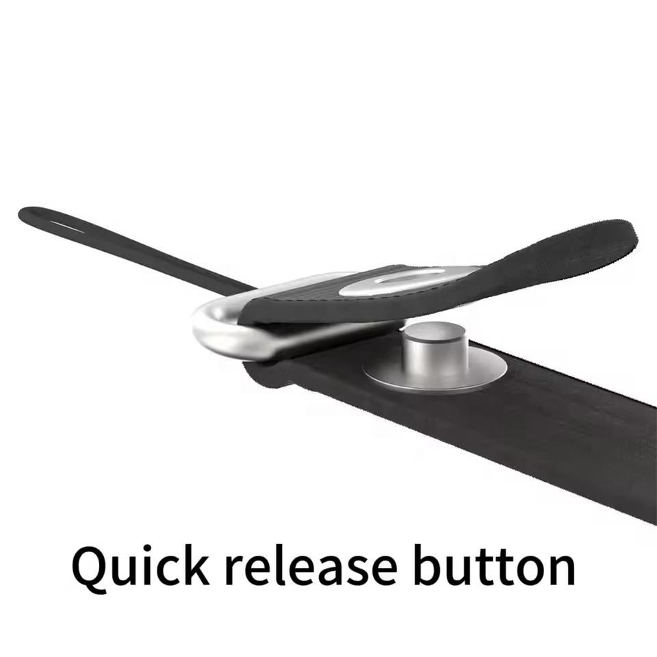 Nærbillede af den smarte quick release metalknap på crossbody mobilremmen