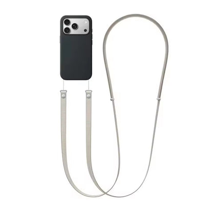 Sølvgrå justerbar crossbody mobilrem monteret på sort telefoncover med quick-release knapper