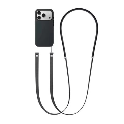 Sort iPhone cover med monteret sort justerbar crossbody mobilrem og quick-release metalknapper