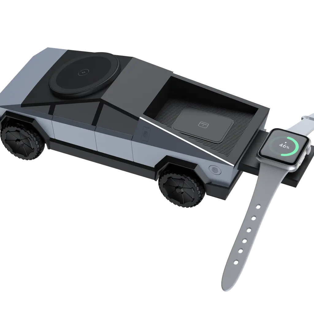 Trådløs biloplader placeret ved computerstation med lys