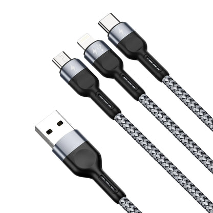 Duzzona 3-i-1 kabel – USB-A til Lightning, Micro USB og USB-C set fra siden