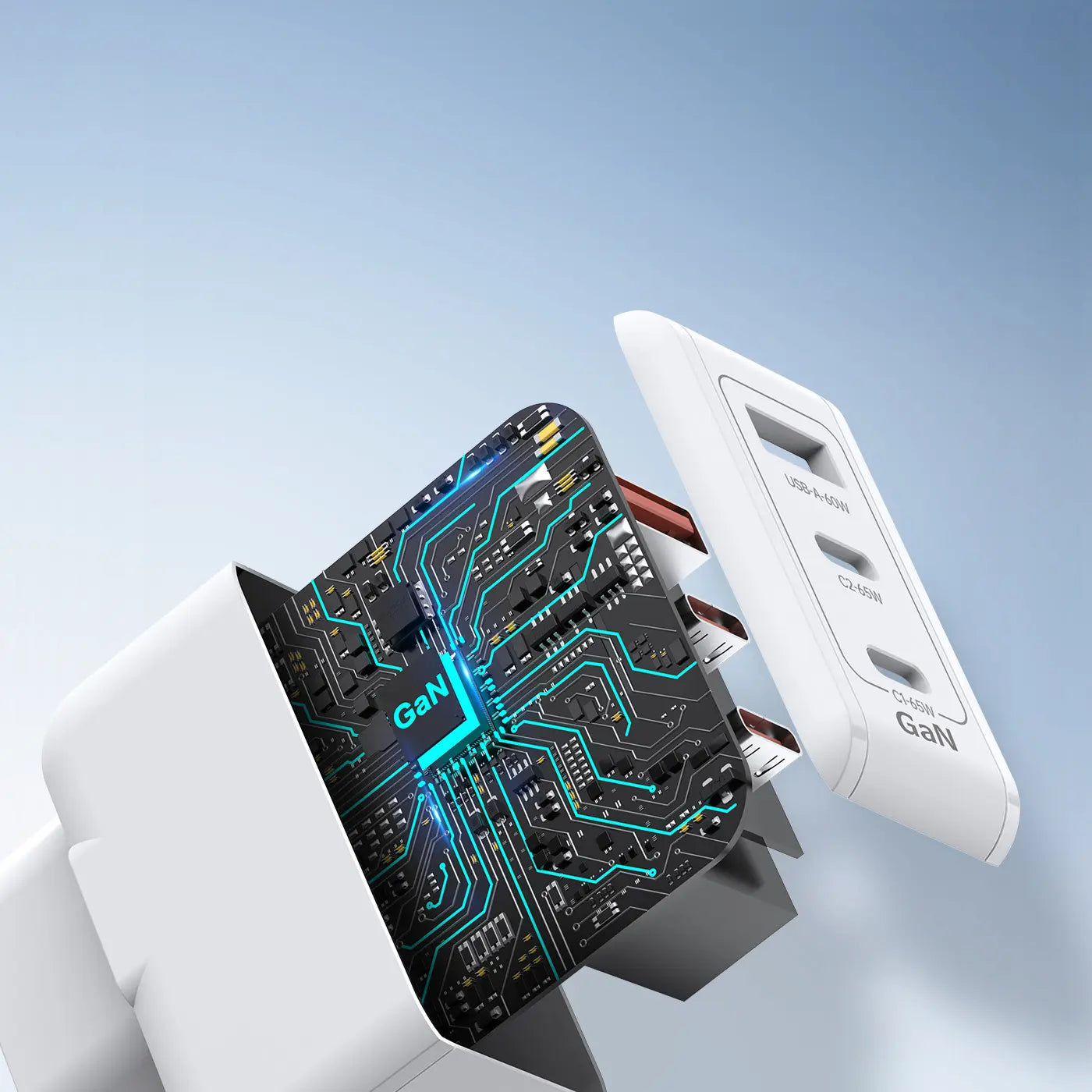 Illustration af GaN-chip teknologi indeni opladeren