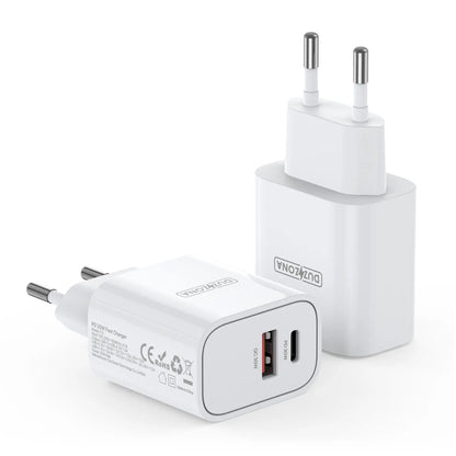Duzzona 30W hurtigoplader med USB-C og USB-A set forfra og bagfra – EU-stik og kompakt design