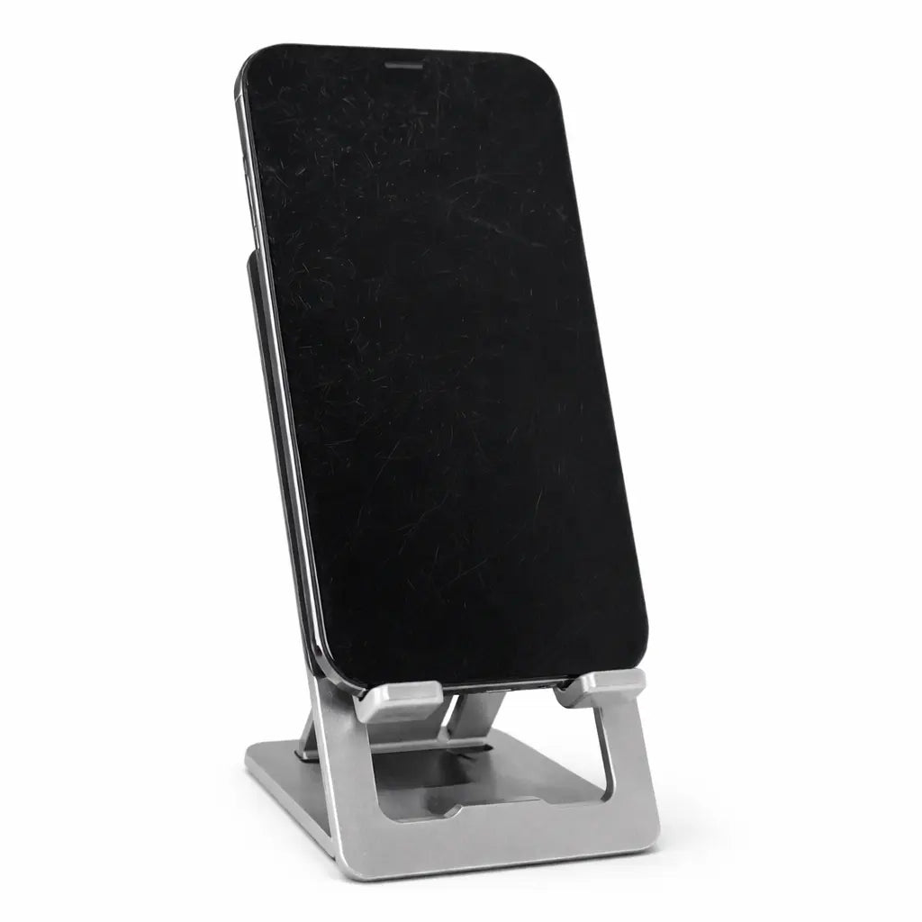 Foldbar mobilholder i aluminium i sølv – stabil bordholder til smartphone