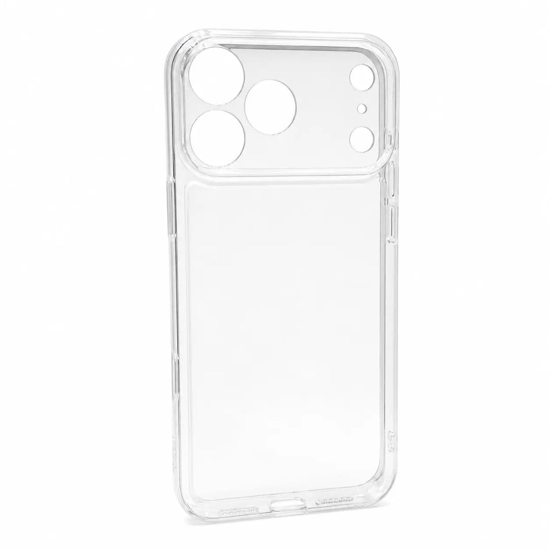 Gennemsigtigt silikone-cover til iPhone med udskæringer til kamera og knapper på hvid baggrund
