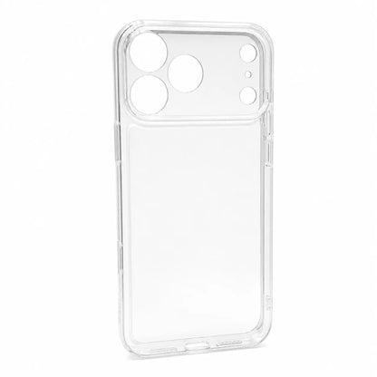 Gennemsigtigt silikone-cover til iPhone med udskæringer til kamera og knapper på hvid baggrund