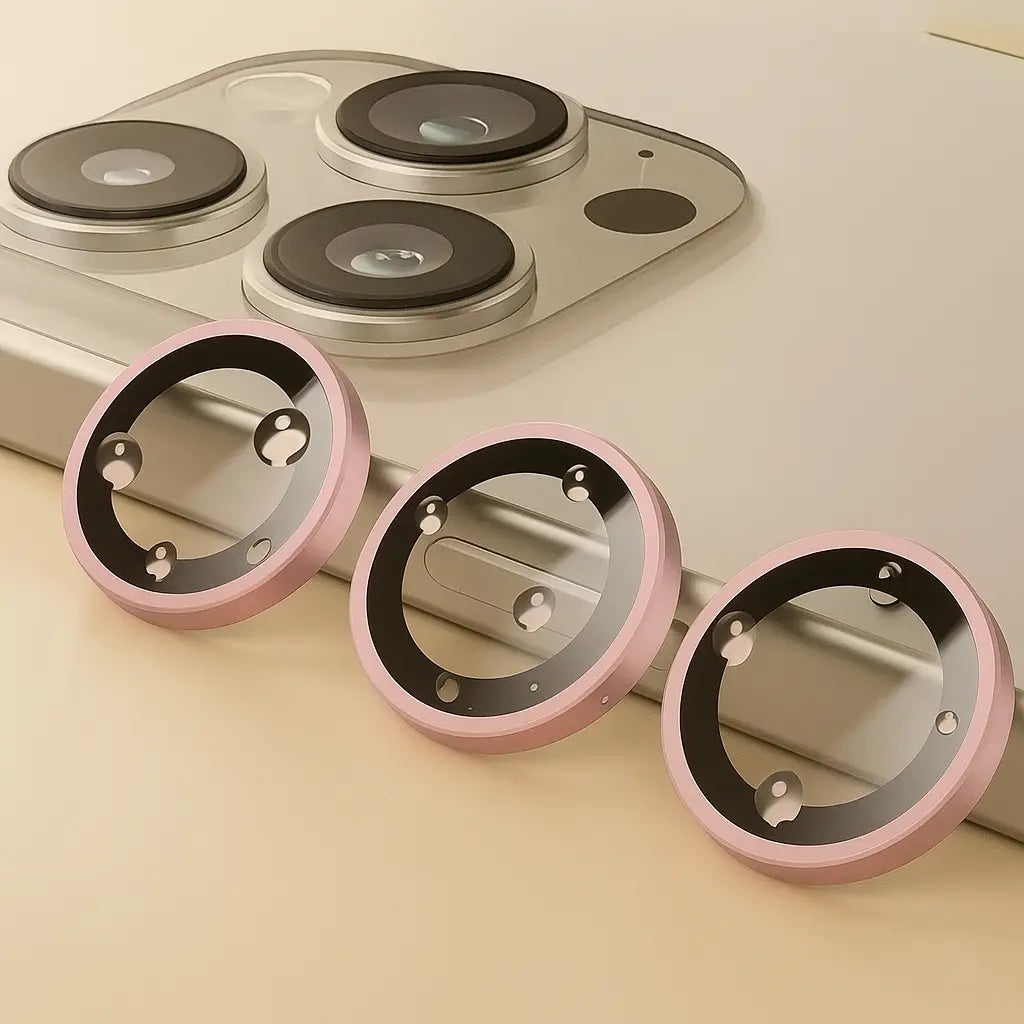 linsebeskyttere vist separat før montering på iPhone pink