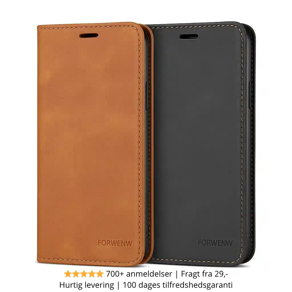 Magnetisk flip cover til iPhone i brun og sort læderlook med trust badge, 700+ anmeldelser, hurtig levering og 100 dages tilfredshedsgaranti