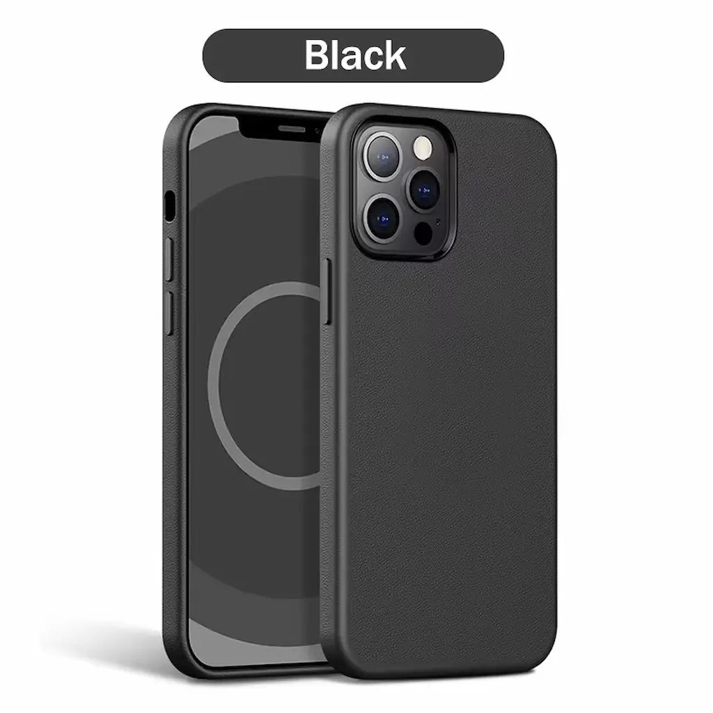 Sort iPhone MagSafe cover med tekst "Black" – vises på iPhone forfra og bagfra