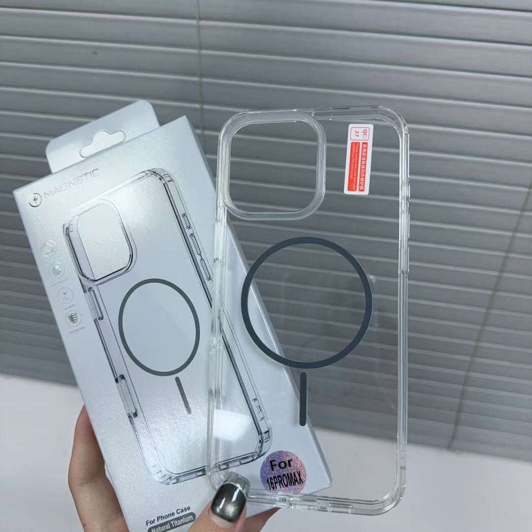 Transparent MagSafe cover til iPhone med grå ring – billede af cover og original emballage.