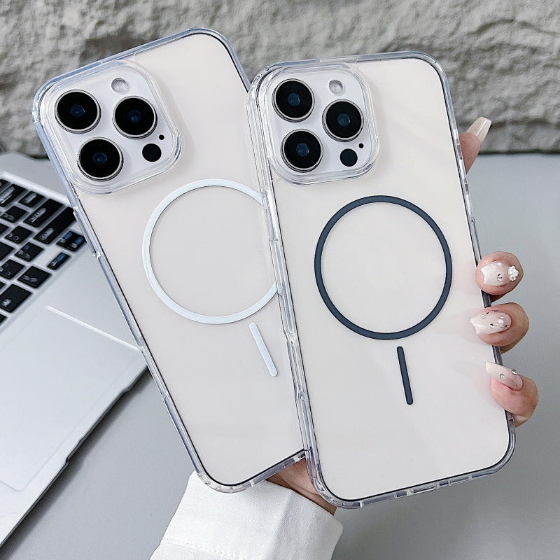 To transparente MagSafe covers til iPhone med sort og hvid ring – vises i hånden, perfekt pasform.