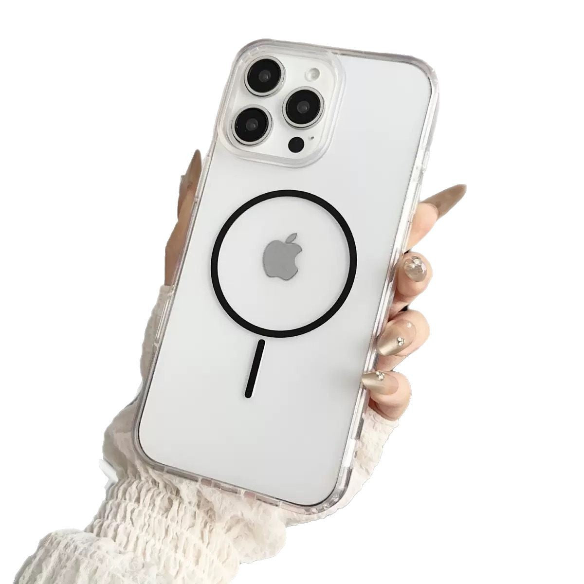 Nærbillede af iPhone MagSafe cover – transparent med sort ring og beskyttende kanter.