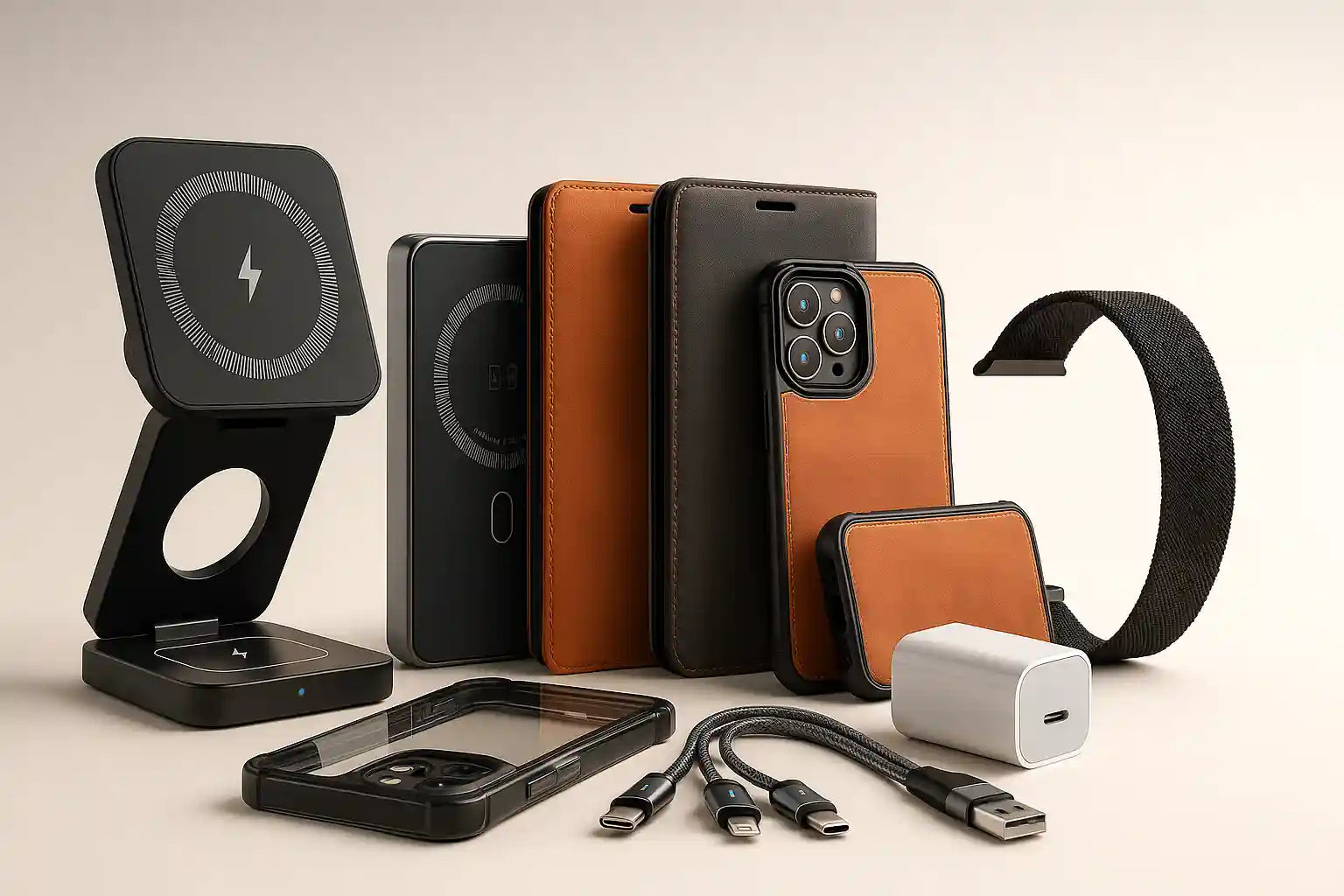 iPhone tilbehør i læder med cover, trådløs oplader, kabel og armbånd i sort og brun