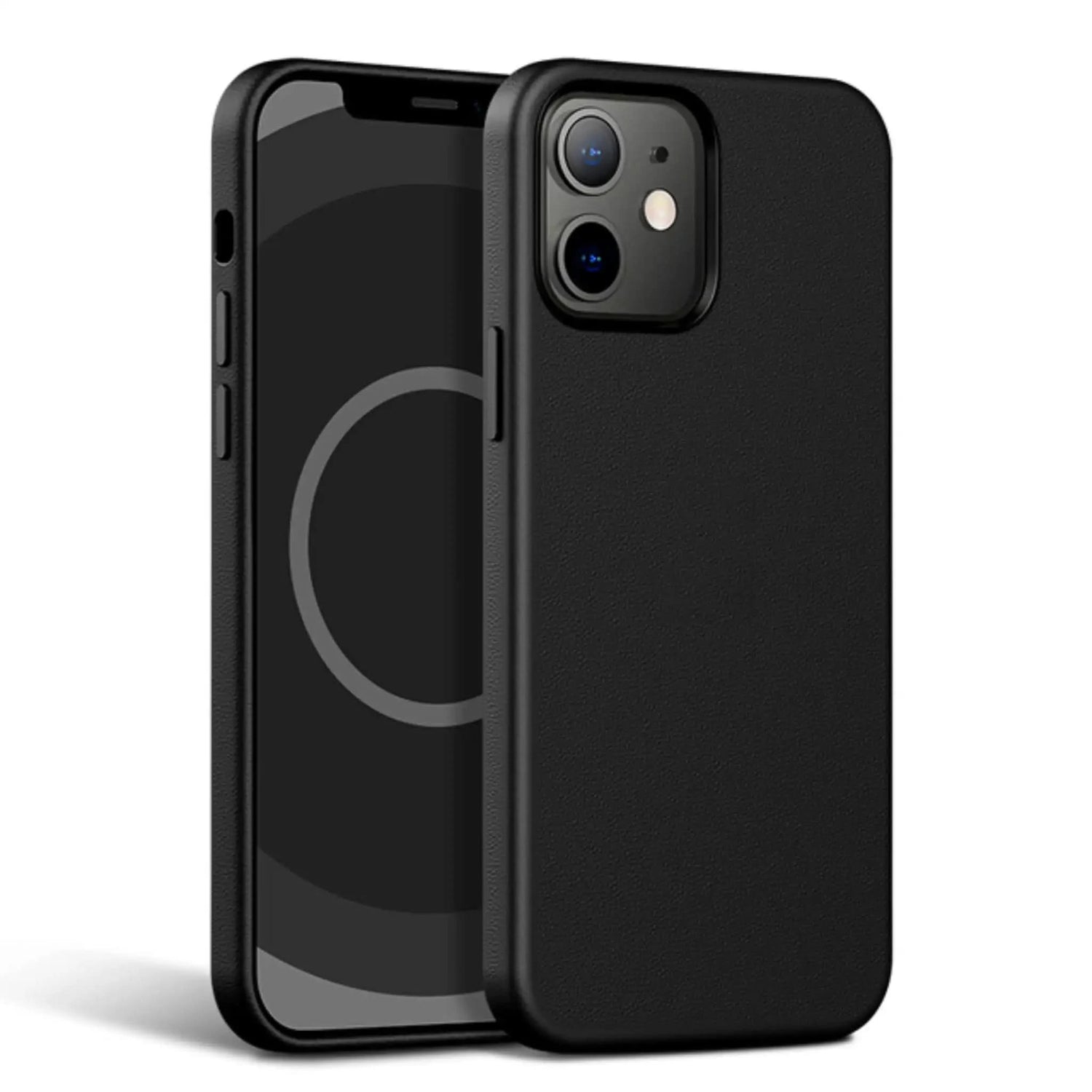 Sort lædercover til iPhone med MagSafe – vises forfra på telefonen