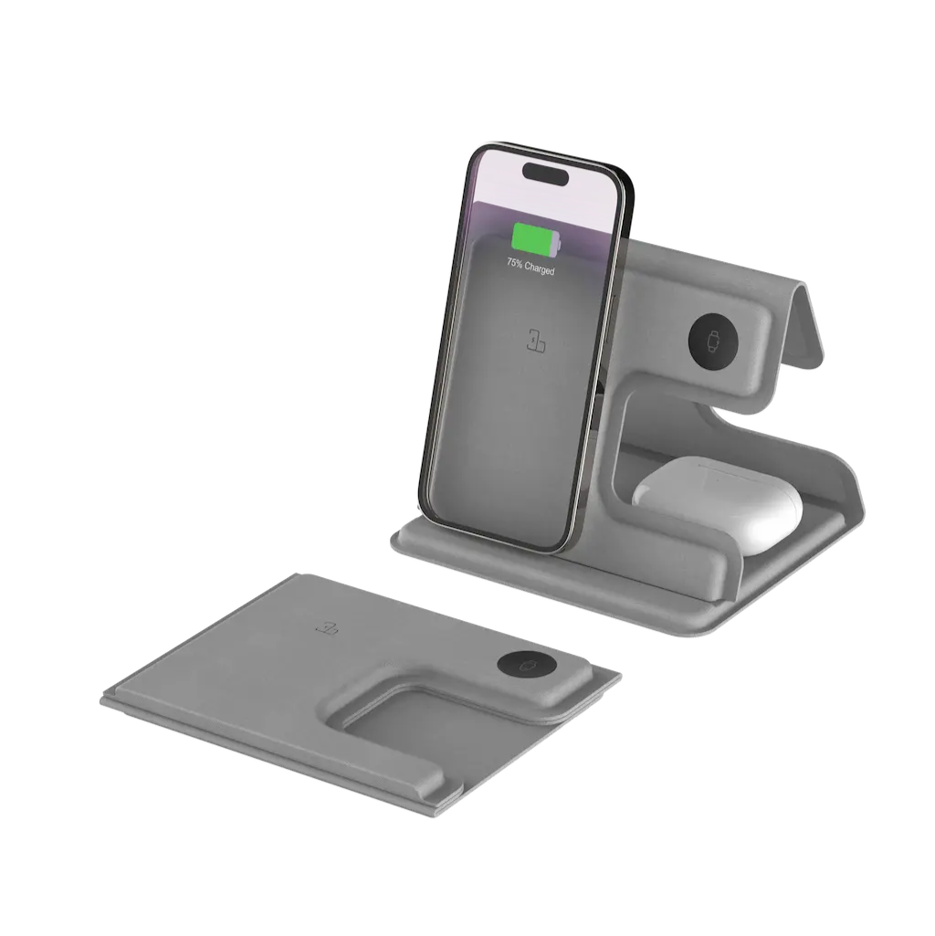 Topbillede af foldet trådløs oplader i læder