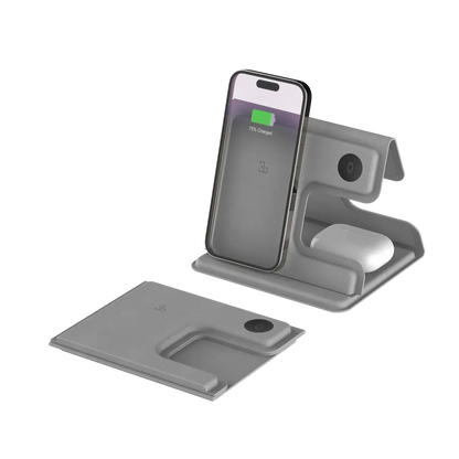 Topbillede af foldet trådløs oplader i læder