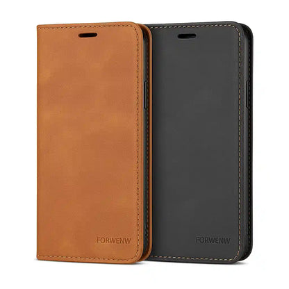 To magnetiske flip covers til iPhone i læderlook – ét i brun og ét i sort, med lukket front.