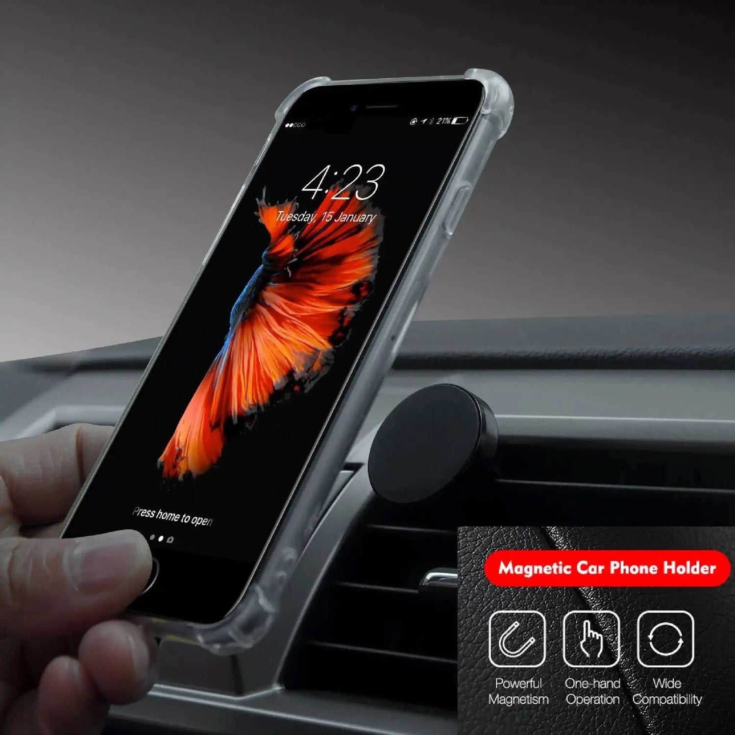 Magnetisk mobilholder til bil – mobil på vej mod holder, velegnet til GPS og opkald