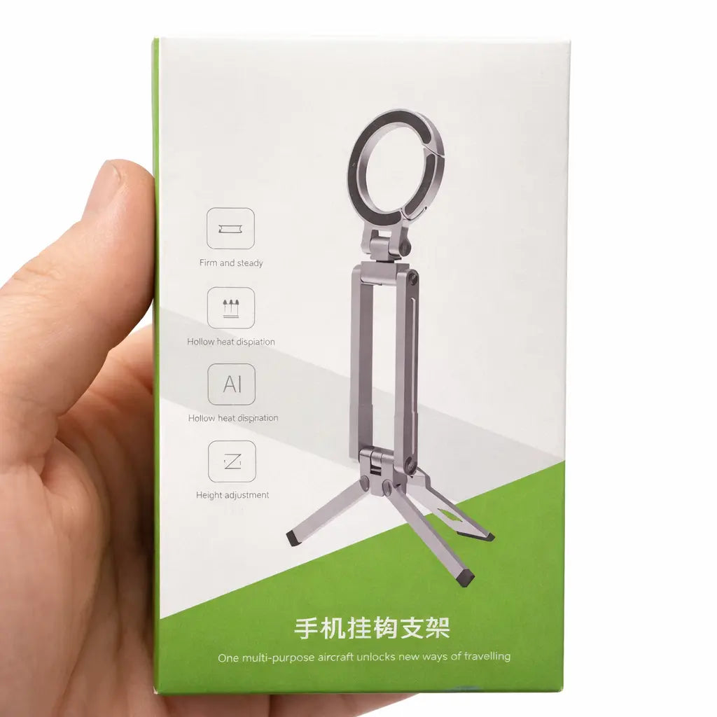 Magnetisk telefonholder med magnetring og krog – foldet tripod (front)