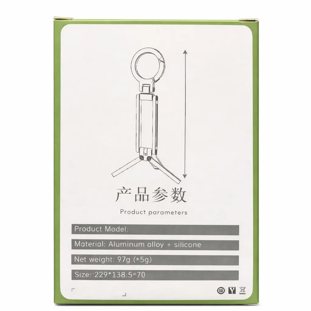 Produktboks med specifikationer for magnetisk telefonholder med tripod
