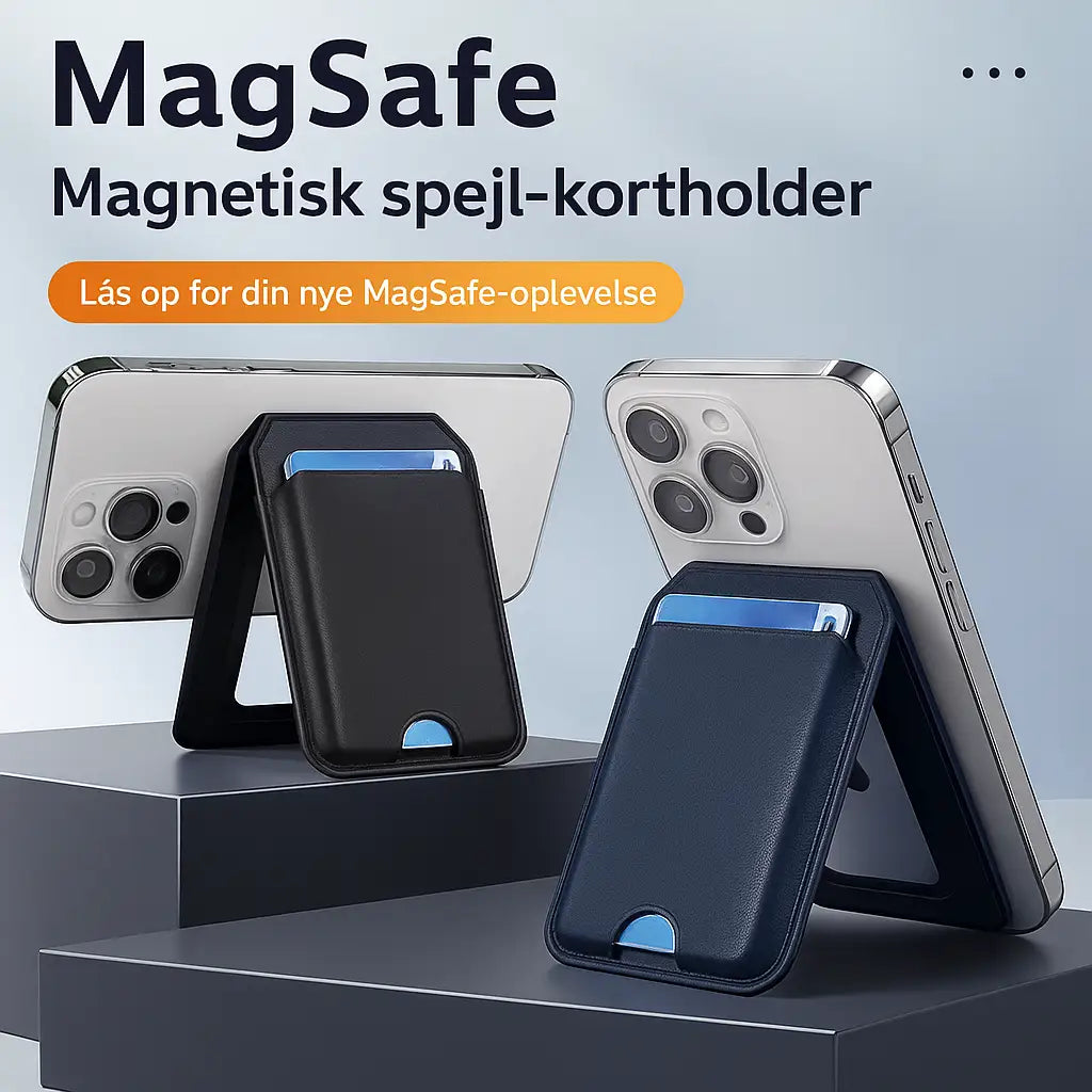 MagSafe kortholder brugt som stativ på iPhone – sort og blå