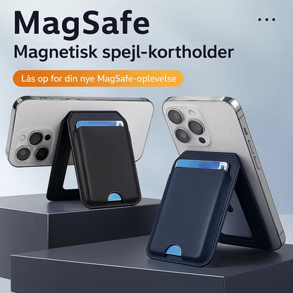 MagSafe kortholder brugt som stativ på iPhone – sort og blå
