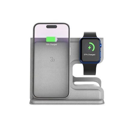 Frontbillede af trådløs opladerstander med Apple-enheder